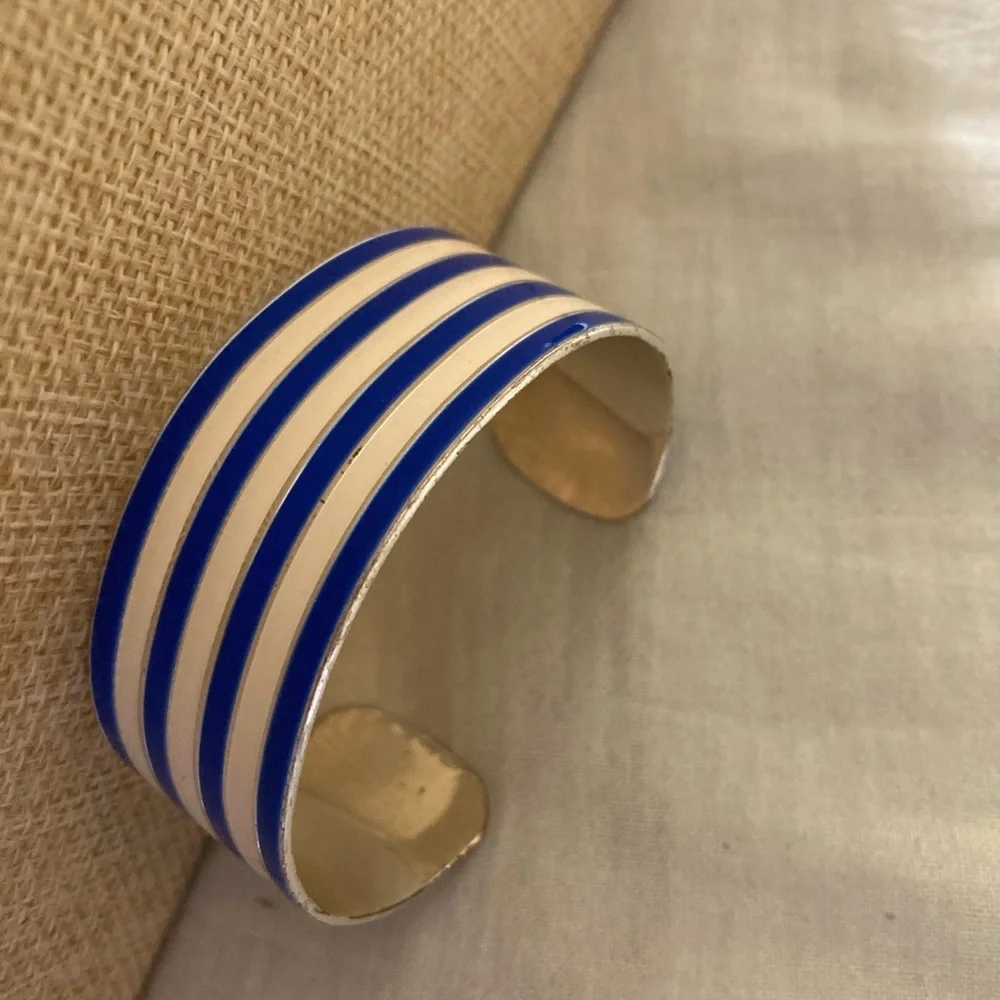 Blue and White Enameled Striped Cuff Bracelet Nautical Summer‎ - Picture 5 of 6